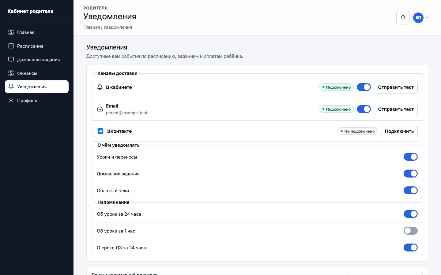 Уведомления родителя UrokDesk