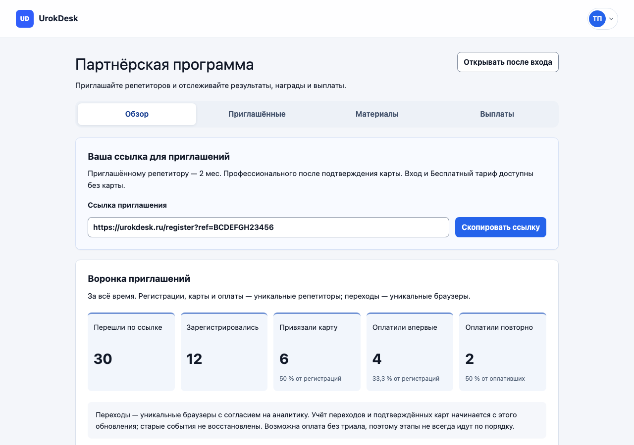 Личная ссылка и сводка партнёрской программы
